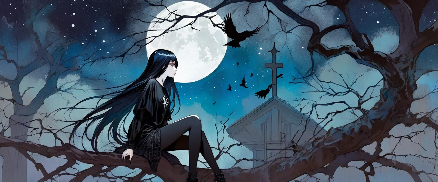 Sexy gothic girl, long black and straight hair, tight black t-shirt and jeans, small breasts, pale white skin tone, ankh symbol, a dark crow accompanies her, sitting under a tree with convoluted branches, magic, fantastic, night sky, moon , stars, background (simple oil painting in a Bill Sienkiewicz style)