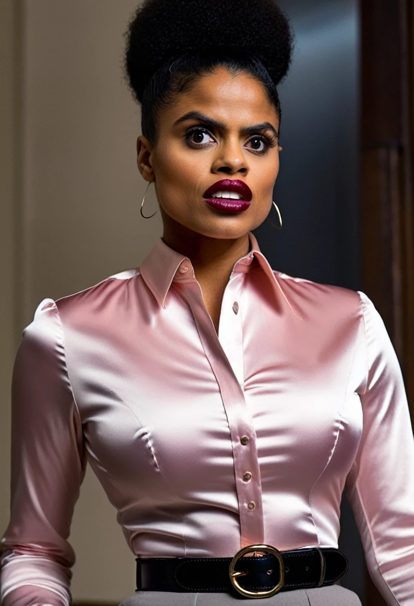 closeup shot from below, (muscular evil angry Zazie Beetz showing closed teeth with flared nostrils and furrowed brows:1.5) in a (closed satin skintight buttondown band collar blouse with large shoulder-pads and extremely tight belt:1.6), tight hairbun, silk gloves, (widened eyes), (muscular arms), subtle evil stare with flared nostrils, large shoulder-pads, (evil laugh), skintight satin pants defining her body, uptight, popped collar, stiff posture,
blouse collar perfectly fits her neck