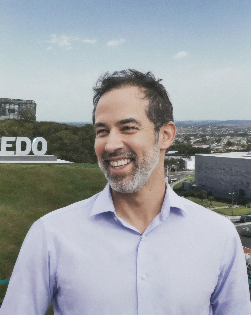 Make a Pixar-style profile of a smiling man of approximately 50 years old with political traits. Almost gray beard and slightly bald black hair. smiling and in an open field, with a white blouse with collar and buttons