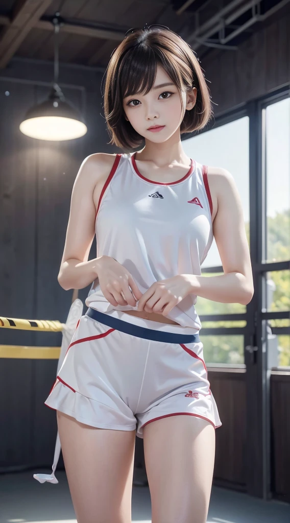 Correct human anatomy:1.5),masterpiece,Top quality,Ultra wide-angle lens(1.5)(Realistically:1.4),(RAW photos:1.4),Very exquisite CG Unity 8K wallpaper,Very delicate and beautiful,Mann pays attention to detail,Official Art,(Beautiful eyes and face:1.5),Beautiful and delicate eyes,There is light on the face,A girl,Short hair details,(Full body portrait:1.5),Badminton sportswear(1.5), Badminton competition venue,