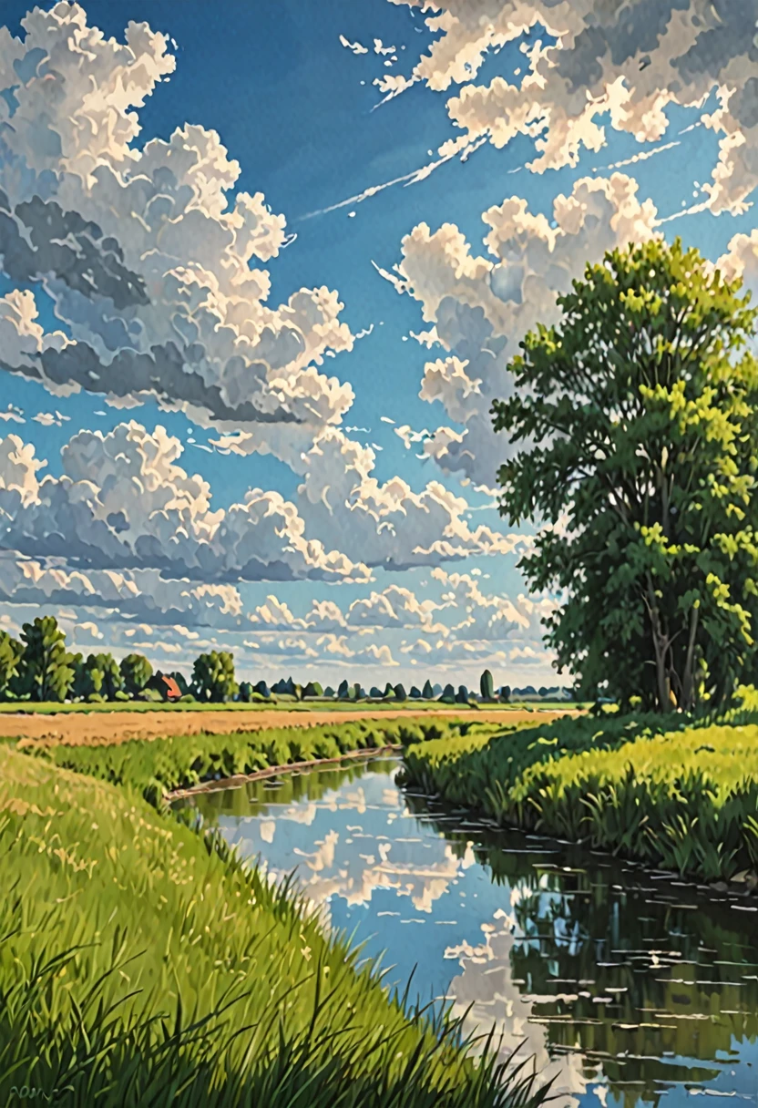 Background painting, summer countryside, grass and trees, waterways, summer sky and incoming clouds, clear contrast between sun and shadow, 8KHDR
