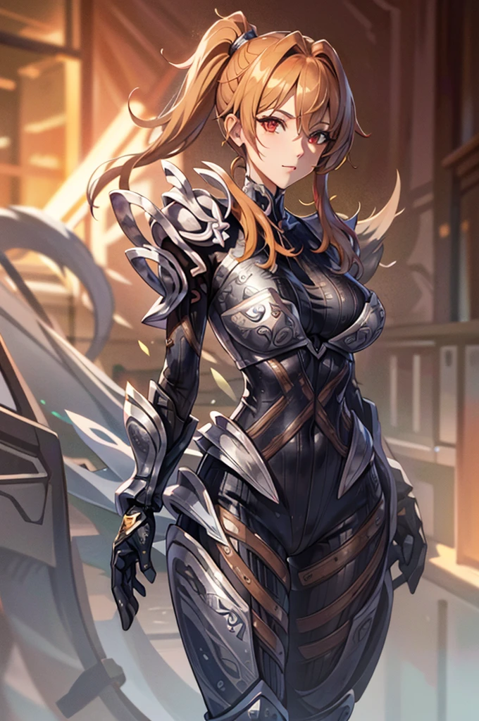 mountain, battle pose, hxarmour, 1woman, tall 1.85 cm, sexy body, big busts, (orange armor: 1.3), long yellowish red hair, red eyes, ultra-detailed, extremely delicate and beautiful (by exquisite color block) , masterpiece, best quality, unreal engine 5 rendering, film light, film lens, film special effects, detailed details, HDR, UHD, 8K, CG wallpaper,