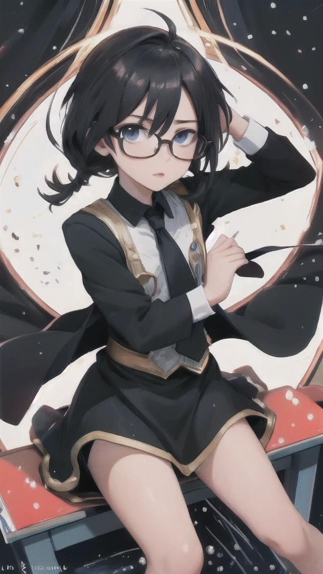 young man, black necktie, with round black glasses, Black Costume, anime styling, anime gentle boy, Social clothes. darkness background, DESK, serious countenance, excitado, lust, pre-like