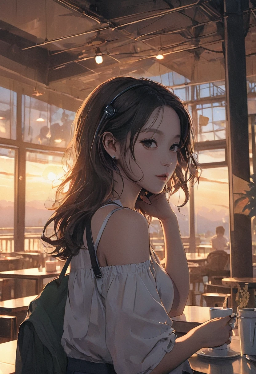 Silhouette art of one girl,Cafe, evening, Strengthen,Wearing headphones、 Complex, (Highest quality, masterpiece, Representative works, Official Art, Professional, unity 8k wallpaper:1.3)