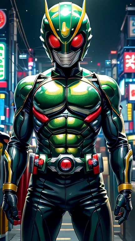 (8k),(masterpiece),(Japanese),(8-year-old boy),((innocent look)),((Childish)),From the front,smile,cute,Innocent,Kind eyes,Flat chest, green helmet, yellow domino mask,Aquaman,short,Black Hair,Strong wind,night,dark, Neon light cyberpunk city,Kamen rider,camisa