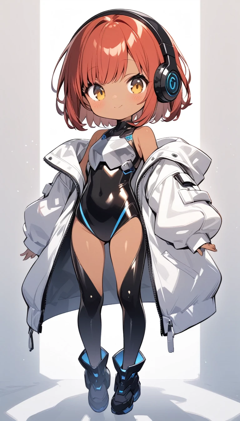 full body,1 girl,(cute:1.3),red Hair, left eye blue, right eye yellow, tan skin｛White breastplate, Black futuristic headphones, Mechanical black glossy metallic Bodysuit, Bare shoulders, oversized jacket, Glossy, shiny material｝,10 old
