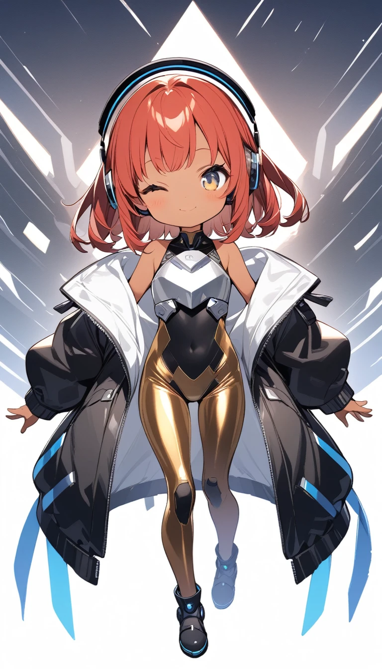 full body,1 girl,(cute:1.3),red Hair, left eye blue, right eye yellow, tan skin｛White breastplate, Black futuristic headphones, Mechanical black glossy metallic Bodysuit, Bare shoulders, oversized jacket, Glossy, shiny material｝,10 old
