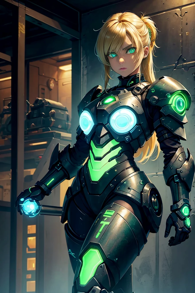 female technomage in power armour, blonde hair, glowing green eyes, blue technorunes, tattoo