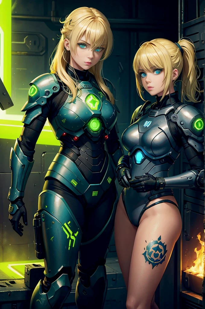 female technomage in power armour, blonde hair, glowing green eyes, blue technorunes, tattoo