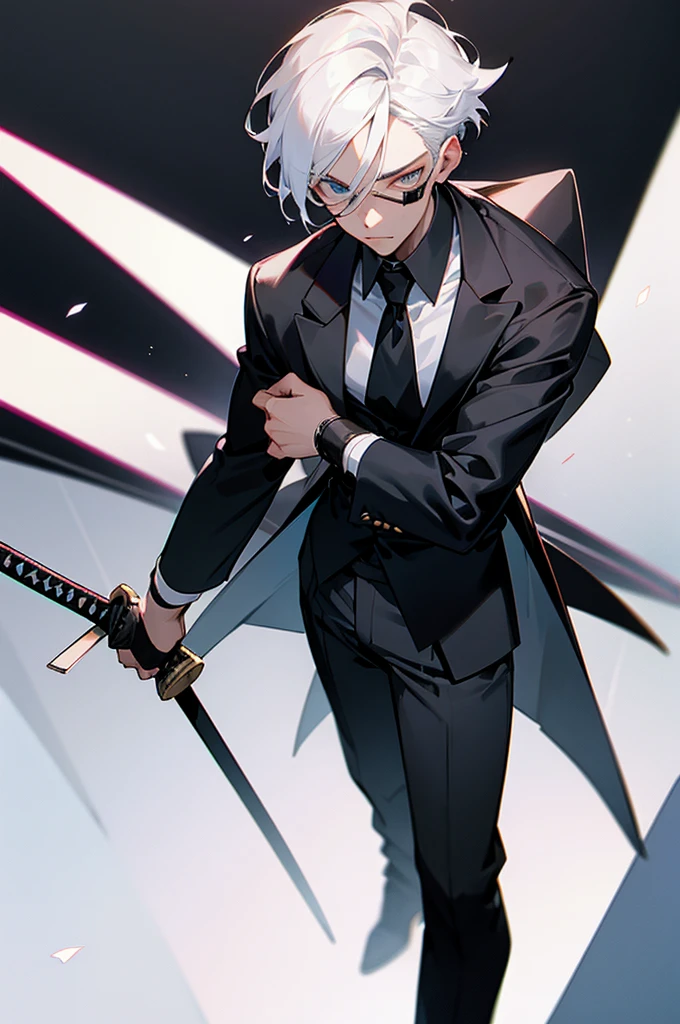 Handsome young man with white hair, wearing two white eye patches. wearing a black suit There was a katana sword at his waist.
