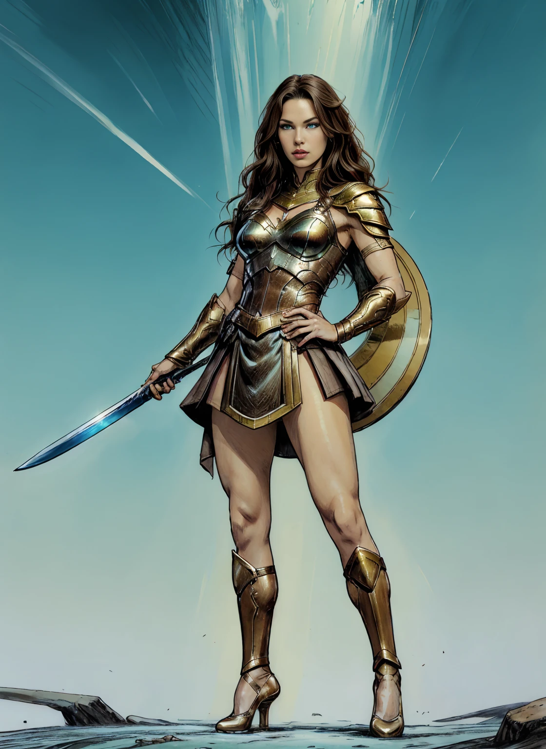 ((Full body photo, standing, feet on the ground)) Alison Tyler as a Valkyrie of Asgard, blue eyes, long brown hair, perfect body, Lady Knight, correct anatomy, holding a great magic sword, epic fantasy digital art, masterpiece, 8k, high definition resolution, detailed drawing, Superior Quality, Epic Composition, green eyes
, ballet shoes
