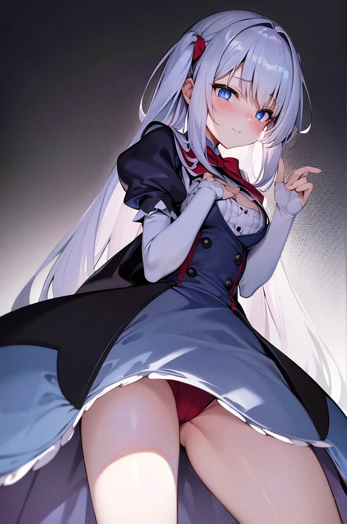 Alice from Alice in Wonderland very , outgrowing a room. Hands pressing against the walls. A look of utter pleasure on her face. Tiny furniture litters the scene