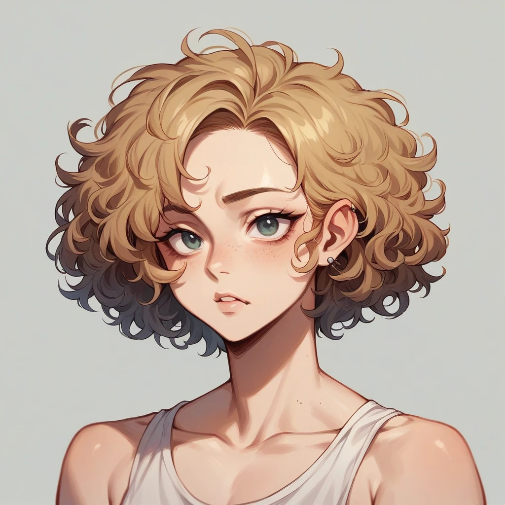 with dark blonde curly hair and a stray dog