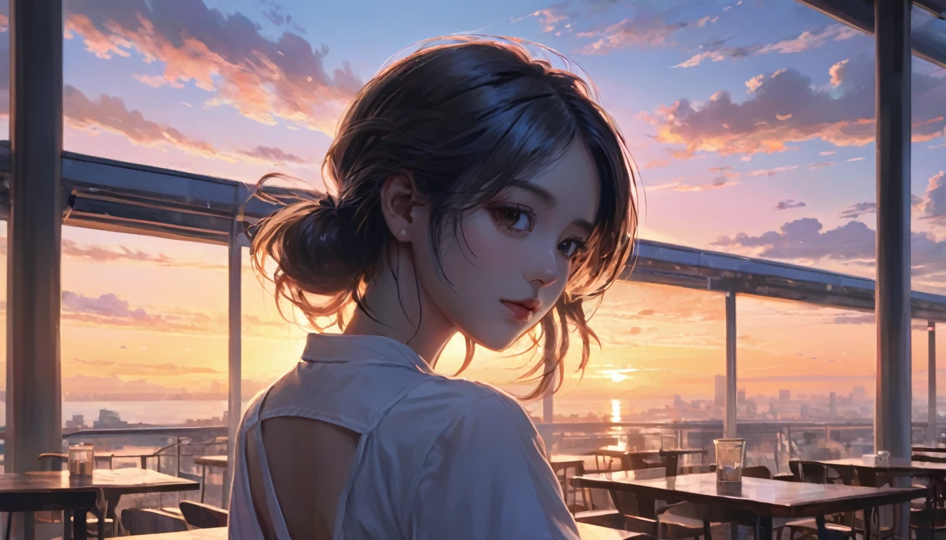 Silhouette art of one girl,Cafe, evening, Strengthen,Wearing headphones、 Complex, (Highest quality, masterpiece, Representative works, Official Art, Professional, unity 8k wallpaper:1.3)