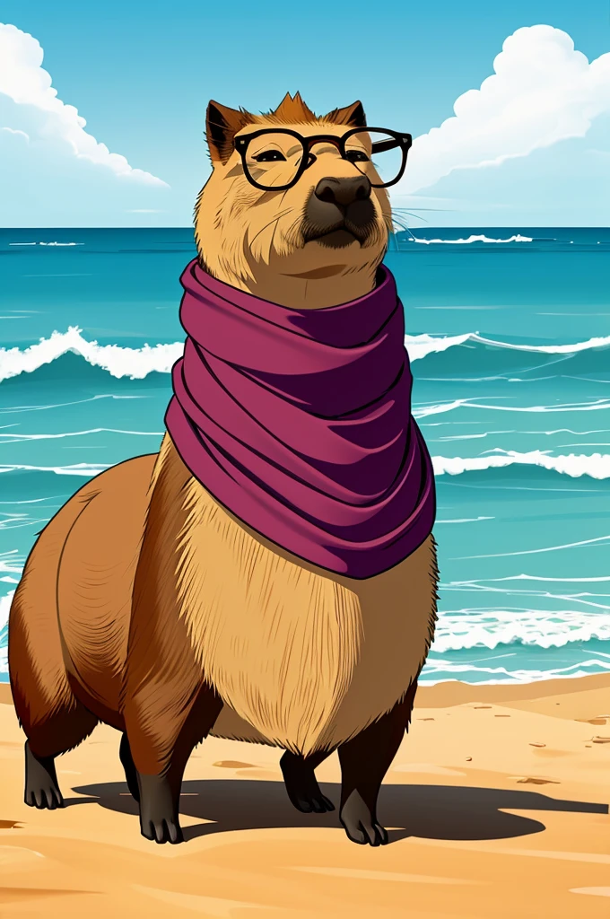 Capybara, logo cartoon, with glasses and a scarf that walks in the cold and a beach shirt 