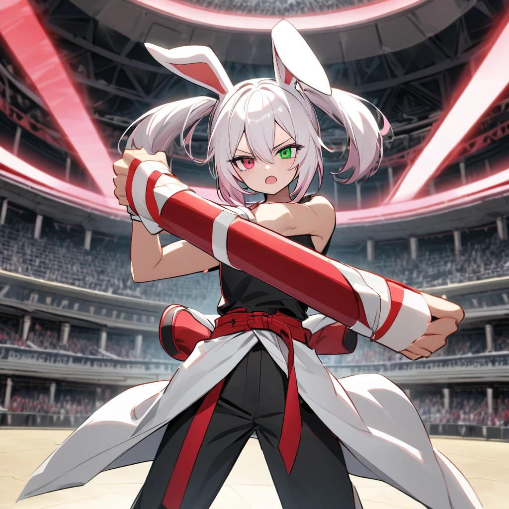 (well done: 1) humanoid white rabbit, dark pink left eye, green right eye, black tank top, bands on the hands up to the forearms, black pants with a red belt on the waist, red sneakers with black details. in a battle pose in a coliseum.