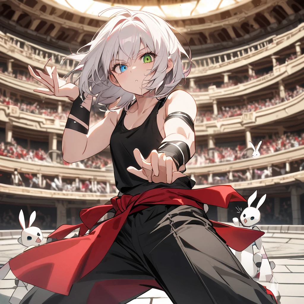 (well done: 1) humanoid white rabbit, dark pink left eye, green right eye, black tank top, bands on the hands up to the forearms, black pants with a red belt on the waist, red sneakers with black details. in a battle pose in a coliseum.
