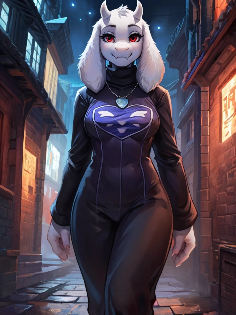 By Ross Tran, ruan jia, trending on artstation, (((Toriel))), (Female goat anthro:1.3), (White fur:1.1), (walking towards viewer:1.3), (Foggy night alley:1.23), (Blank expression:1.3), (detailed eyes), (sharp red eyes), detailed background, 8k hd, (dark shadows, wide dynamic range, hdr, low light:1.2), (Thin physique), black eyeshadow, (black turtleneck, silver necklace, black dress pants), ((Gothic)), Close-up 