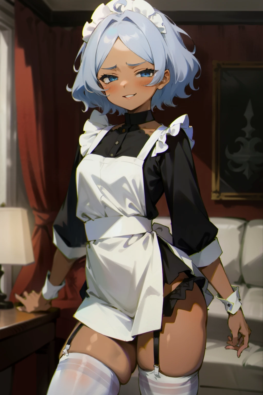 (Masterpiece), Best Quality, ultra-detailed,  1girl (Secelia Dote, short hair, dark  skin, blue eyes, half-closed eyes), wicked smile, parted lips, solo, maid (black), frill, apron, maid headdress, ultra mini skirt, black lace thighhighs, garter belt, in the livingroom, standing, Sexy waist teasing, come-on, temptation 