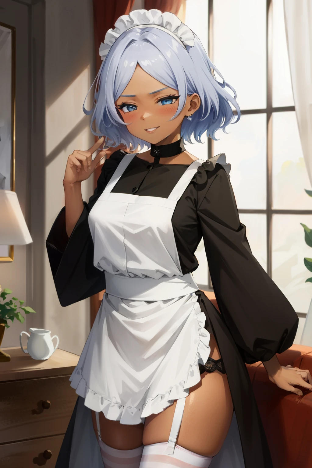 (Masterpiece), Best Quality, ultra-detailed, 1girl (Secelia Dote, short hair, dark skin, blue eyes, half-closed eyes), wicked smile, parted lips, solo, maid (black), frill, apron, maid headdress, ultra mini skirt, black lace thighhighs, garter belt, in the livingroom, standing, Sexy waist teasing, come-on, temptation