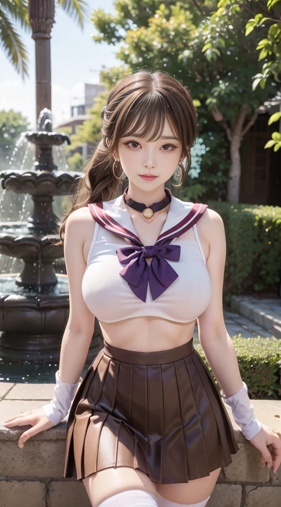 (, high resolution, Ultra Detailed, nffsw), On the table, best quality, SAMA1, Tira, Sailor warrior, White gloves, Red sailor collar, Red Skirt, Star necklace, Elbow groove, Pleated Skirt, Bare legs, Purple bow, Cowboy photoshoot, outdoor, Bokeh (85mm lens), Front camera, Gentle expression, wind blowing hair, fluffy hair, hair ((Brown)), Ponytail, Casual hairstyles, Blonde hair, Mole under left eye, Perfect body, Big breasts, Large Breasts, Top quality wearing hair ribbons, Earrings of top quality, garden,fountain