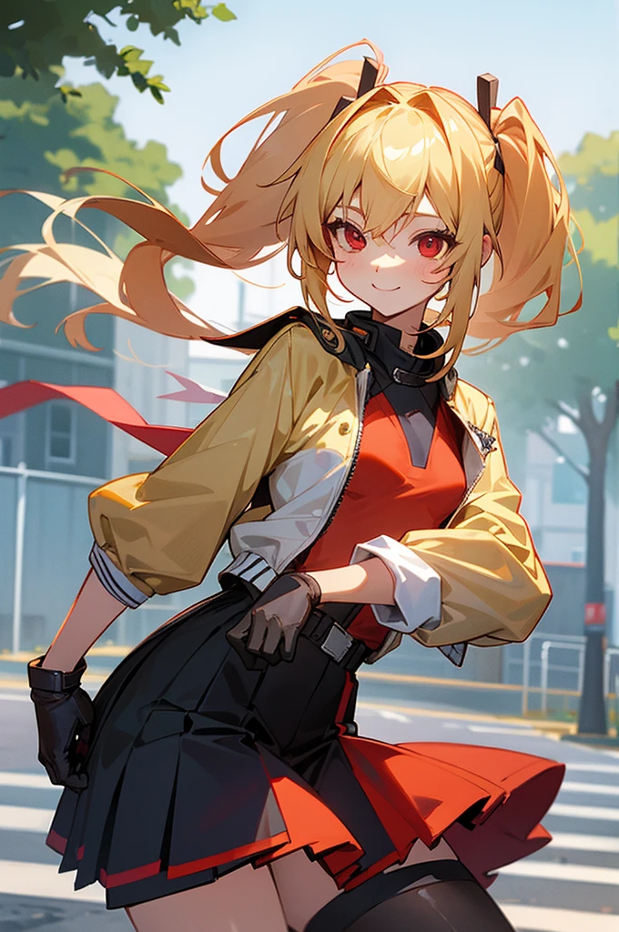 girl with、female high-school student、Small breasts、Wearing a rider's jacket、blondehair、Red Eyes、poneyTail、gloves、Cheerful smile、Stand in front of a street tree
