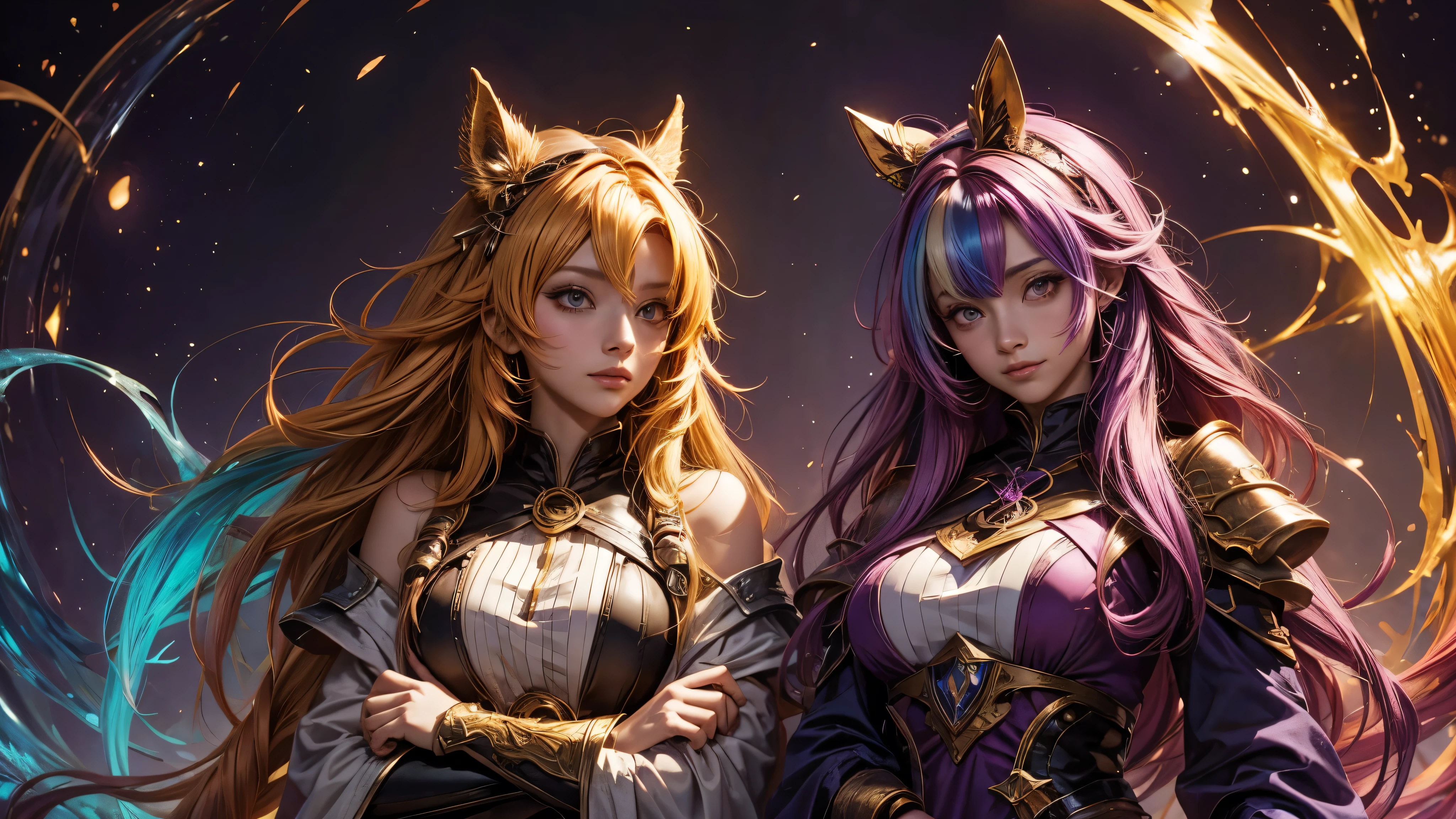 Two alchemist anime girls in a Fantasy journey. (many colors in hairs) (Abundant Spectrum of Color Shades and Hues)