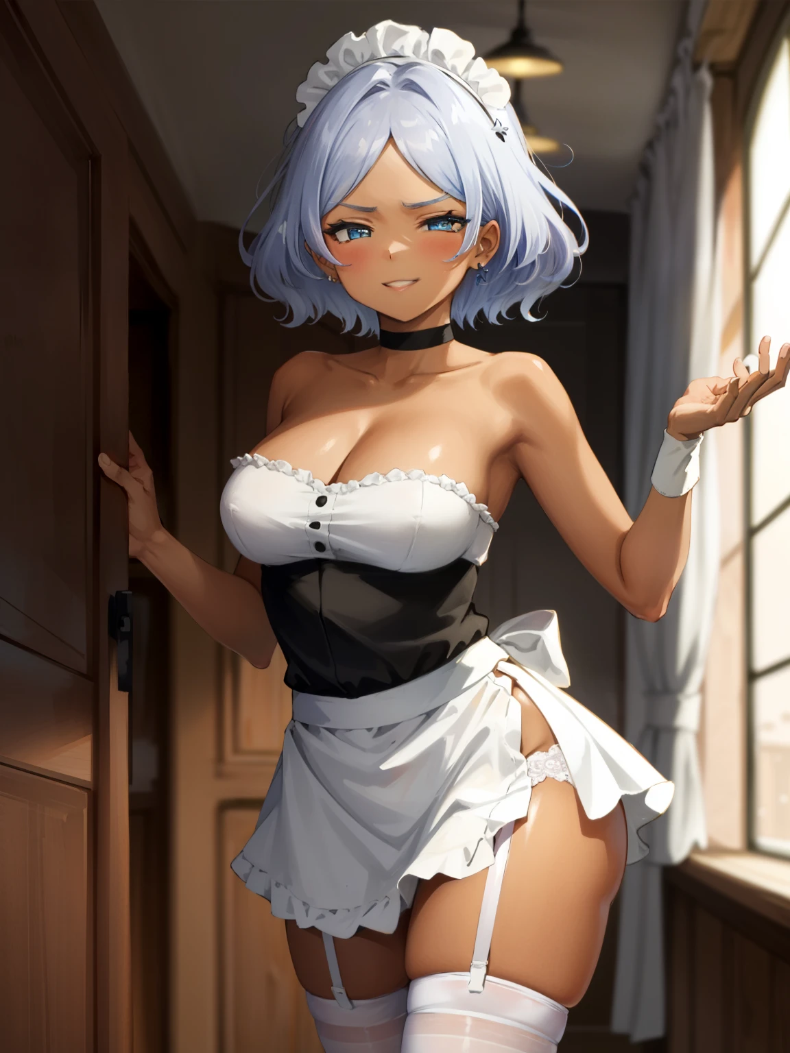 (Masterpiece), Best Quality, ultra-detailed, 1girl (Secelia Dote, short hair, dark skin, blue eyes, half-closed eyes), wicked smile, parted lips, solo, maid (black), frill, apron, maid headdress, ultra mini skirt, black lace thighhighs, garter belt, in the livingroom, standing, Sexy waist teasing, come-on, temptation