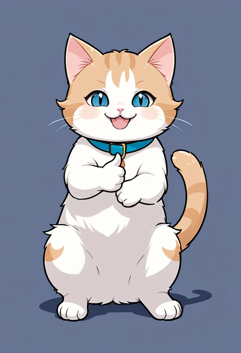In the style of TOK, cute cat, Munchkin cat, thumbs up, comic, comic style, looking at the viewer, sitting, smiling, simple background
