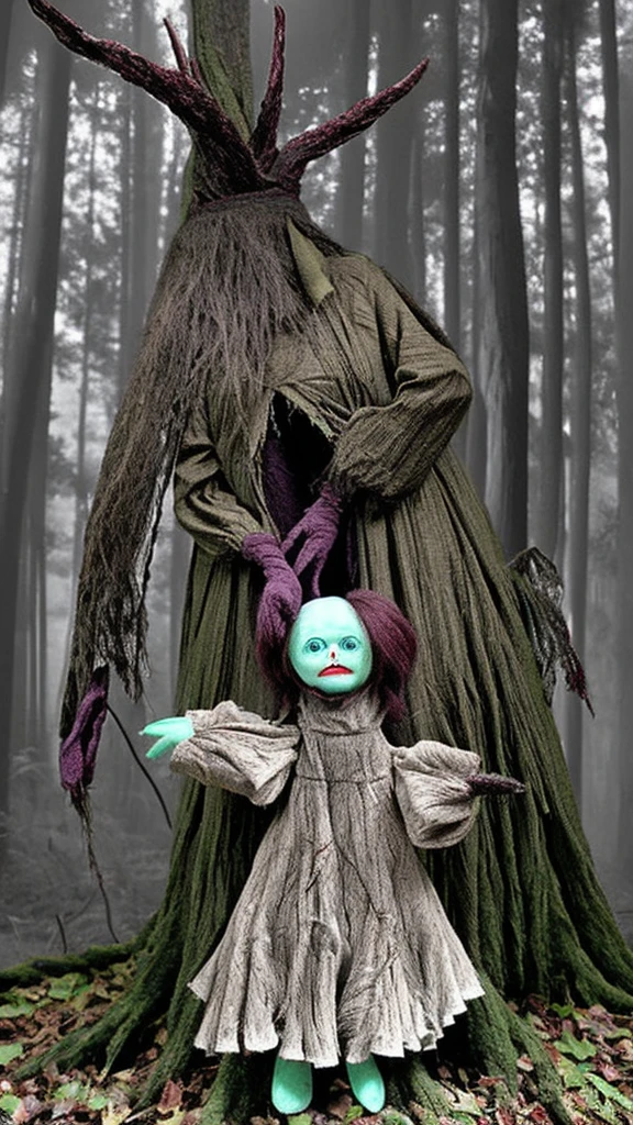 haunted forest, devil tree, horror, ugly doll, old woman mannequin, hanging mannequin