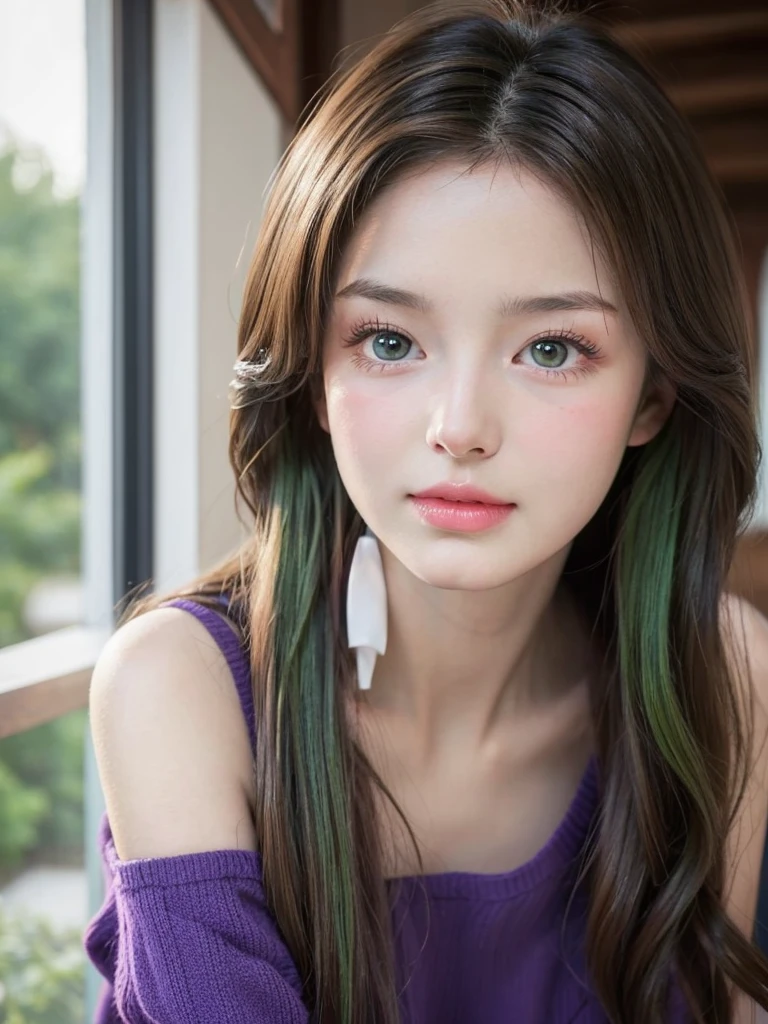 19 year old girl, height of 1.56, weight of 42Kg,  Blue-green eyes, straight hair on top and wavy at the ends, waist length hair, light pink skin, blushing cheeks, redonda story, color of her hair black brown, realistic style, 