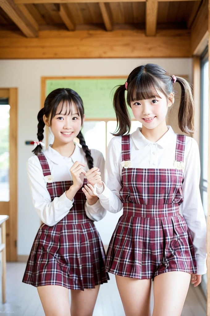 2 girls walking in wooden school classroom,white swimsuit,18-year-old,bangs,a little smile,thighs,knees,short hair with low pigtails bunches with plaid ribbon bow,from below,front light