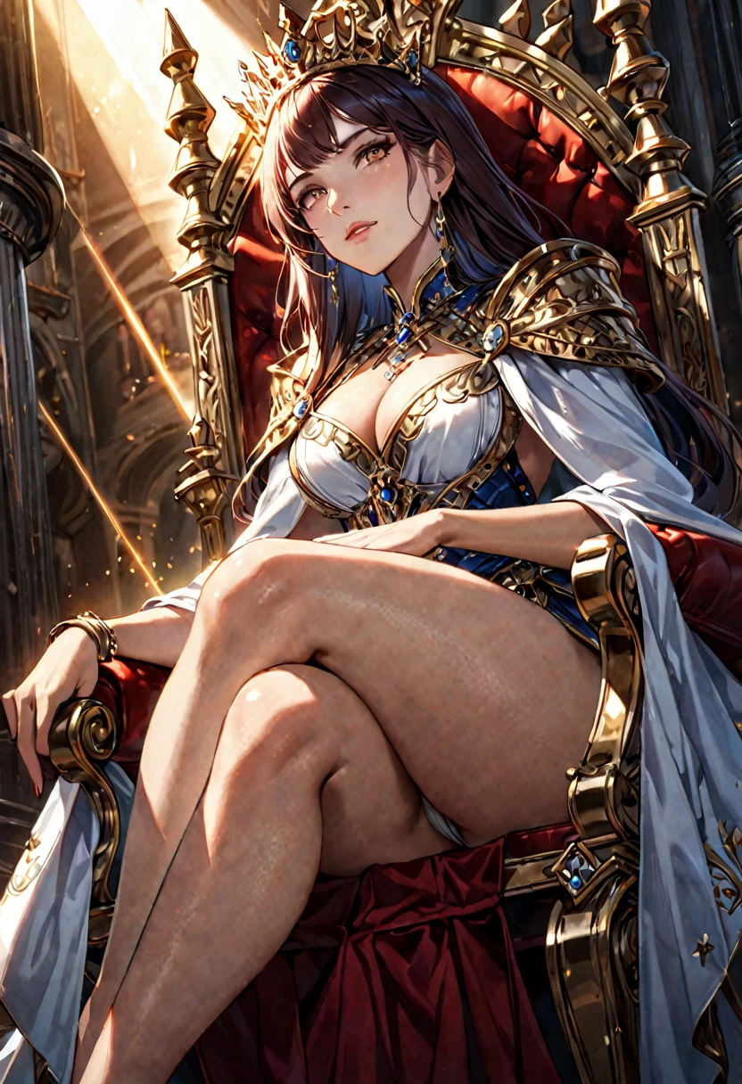 A Queen sitting on the throne, European, detailed face, dramatic lighting, cinematic angle, photorealistic, 8k, high resolution, hyper detailed, masterpiece,refiner: woman face,light beams,open legs