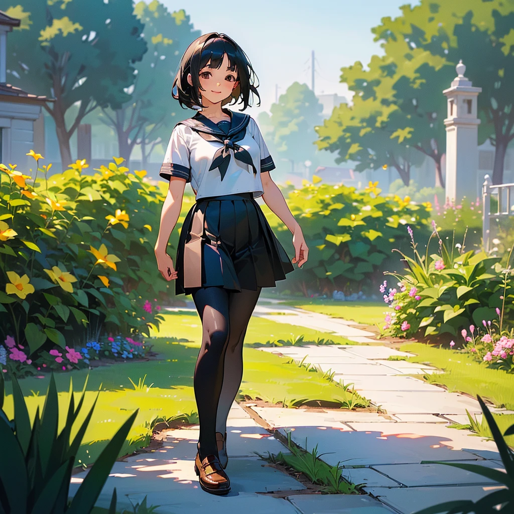 (Highest quality, High resolution, Super detailed, Realistic:1.37), Peaceful atmosphere, (Outdoor, garden), age girl standing alone,(my breasts are big.),Beautifully detailed features, Cute Smile, ((Black bob hair)),Short-sleeved sailor uniform, Pleated skirt,Black tights,Brown leather shoes.