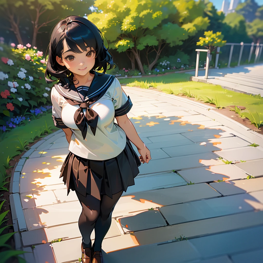 (Highest quality, High resolution, Super detailed, Realistic:1.37), Peaceful atmosphere, (Outdoor, garden), Teenage girl standing alone,(my breasts are big.),Beautifully detailed features, Cute Smile, ((Black bob hair)),Short-sleeved sailor uniform, Pleated skirt,Black tights,Brown leather shoes.