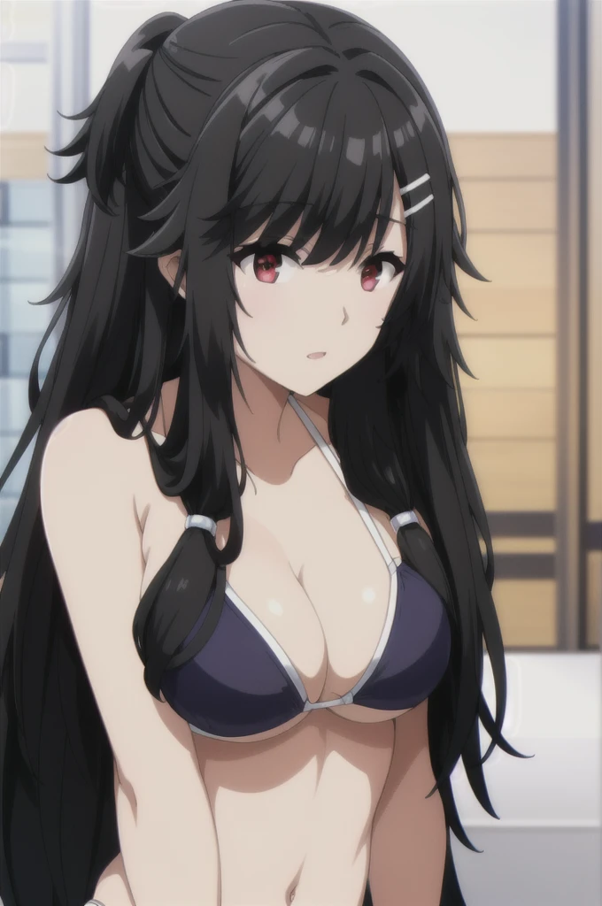 bangs, black hair,hair ornament, hairclip, long hair, red eyes,,black hair, 1 girl,(((bikini)))
