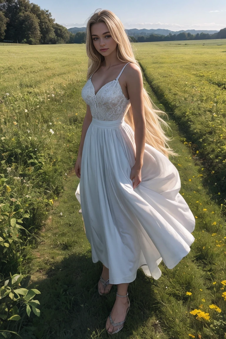 A woman with very long blonde hair is standing in a magnificent field containing of turqouis diamond roses
