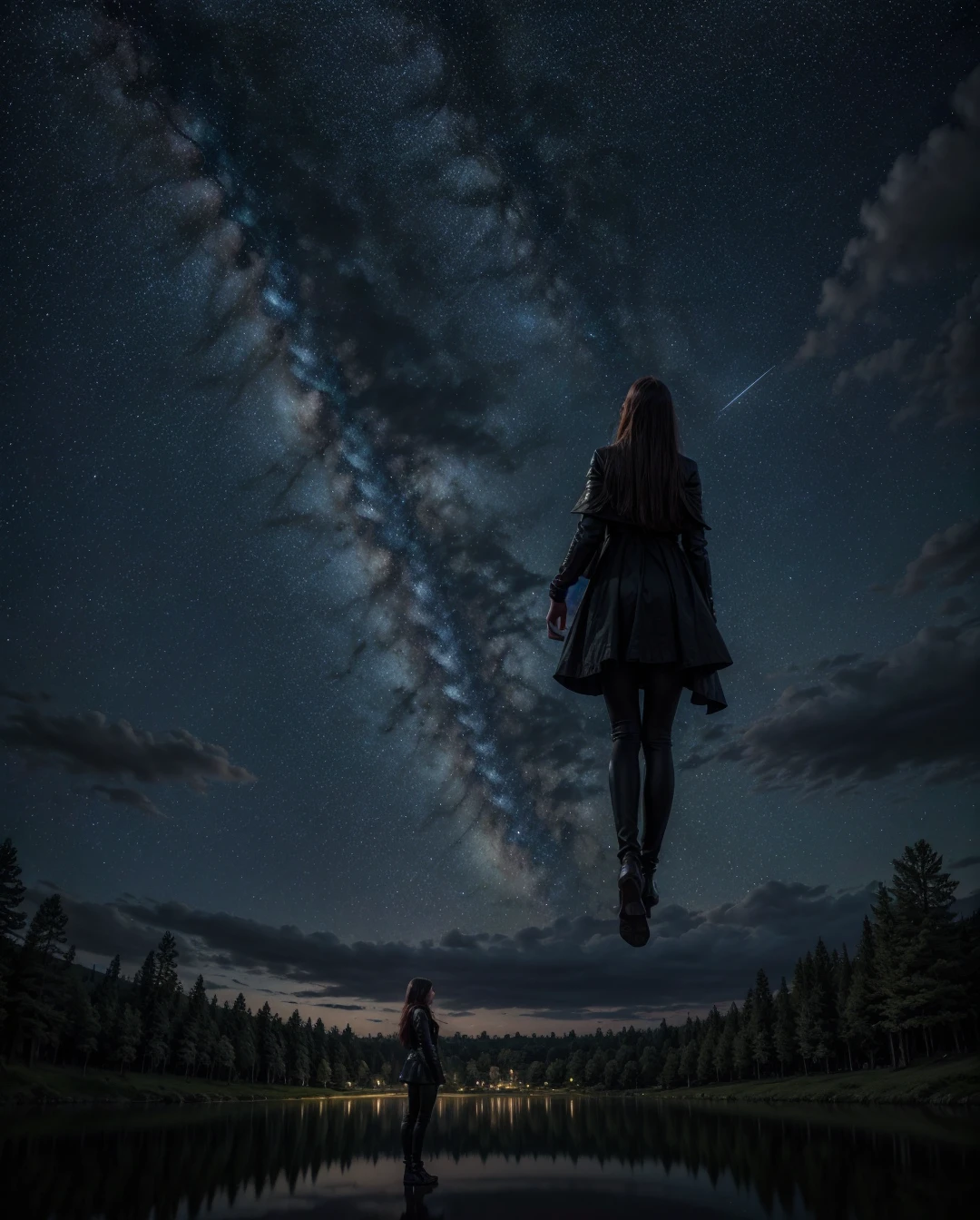 deve rasgar bloodfallen, must tearcustom, hypdertailed, plein-air, (natta, Starry sky:1.2), work of art, arms behind the back, best qualityer, 1 girl, whole body, cloused mouth, lake, reflection, plein-air, offical wallpaper