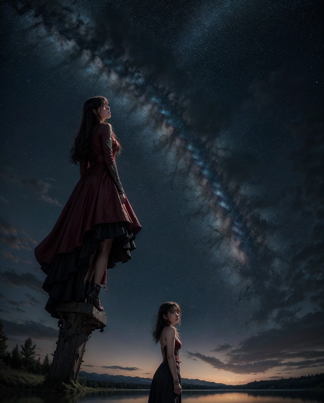 deve rasgar bloodfallen, must tearcustom, hypdertailed, plein-air, (natta, Starry sky:1.2), work of art, arms behind the back, best qualityer, 1 girl, whole body, cloused mouth, lake, reflection, plein-air, offical wallpaper