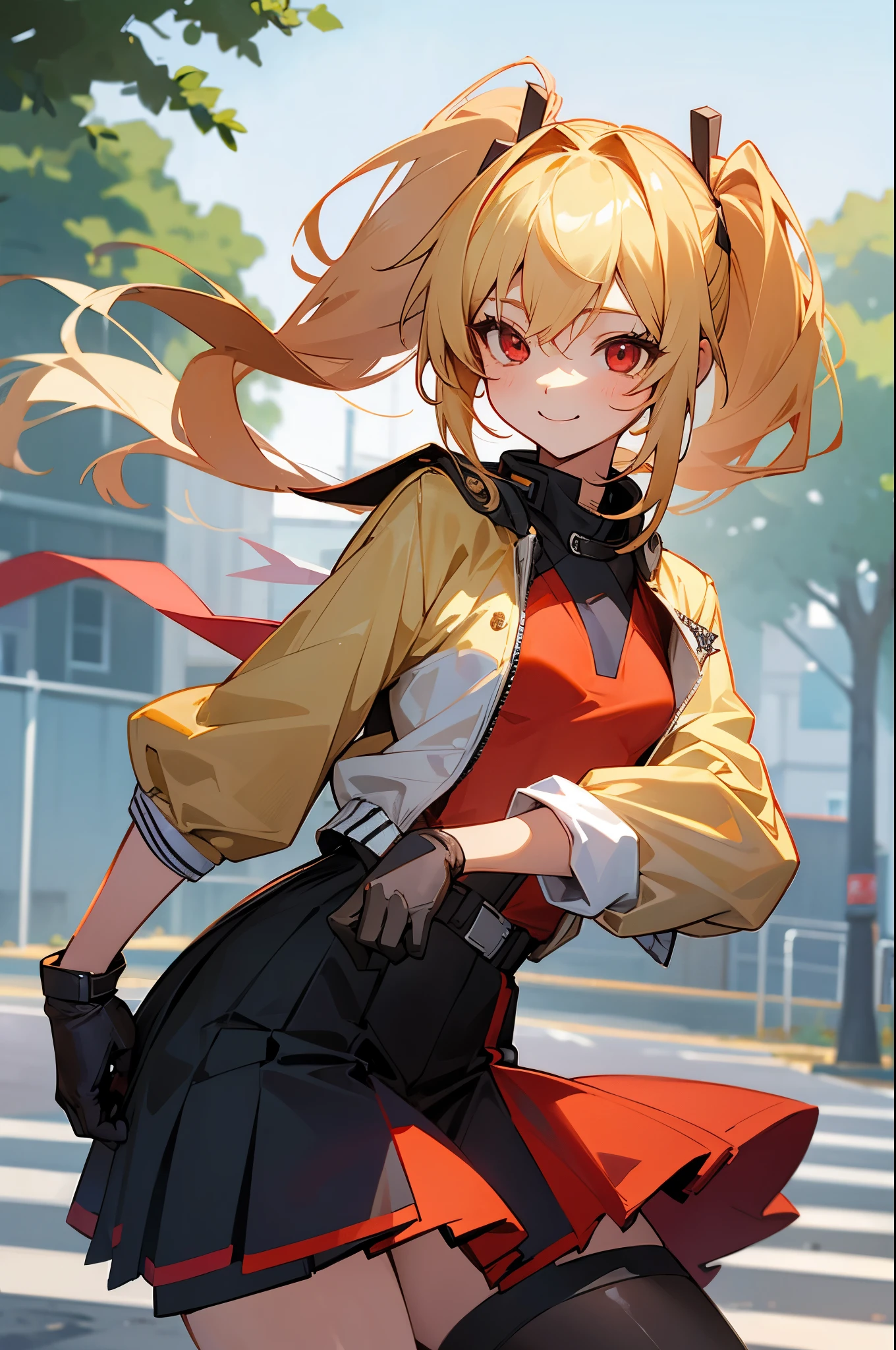 girl with、female high-school student、Small breasts、Wearing a rider's jacket、blondehair、Red Eyes、poneyTail、gloves、Cheerful smile、Stand in front of a street tree