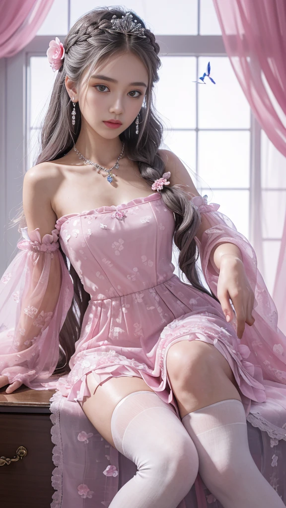 (masterpiece, best quality: 1.4), Detailed background, crystal, crystal Cluster, Long hair, Jewelry, earrings, necklace, crown, bride, hair, Halo, (Overlooking), Dynamic Angle, Extremely detailed, illustration, close up, Direct observation, 1 Girl, (fantasy: 1.4), (Delicate eyes: 1.233), Her eyes shone like dreamy stars, (Glowing eyes: 1.233), (Beautiful and delicate eyes: 1.1), (Silver hair: 1.14), (Messy hair, Very Long hair, French Braid, 两眼之间的hair, Lateral hair), (Flowering: 1.14)), (Chiffon Dress, Evenly spaced pink floral pattern)/= (military uniform: 1.24), (Slit sleeves, Wide sleeves), (Fingerless gloves), Necklace, (miko knee-high socks), high-heel boots, (Poker face, Residence), (permanent), (Classical princess boudoir with dressing table floor-to-ceiling windows quaint palace), (Pink flowers, bloom), (deep sea), (flowing water), (Dark pink world tree:1.14),(ruins),(night:1.2),Dreamy,soul,(Fluorescence),(Flying translucent pink butterfly:1.15),[Slender fingers and hands:0.55]::0.85], (Finger details), (yubao:0.5)