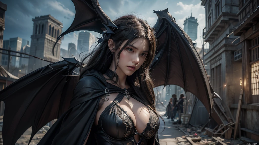 Close-up of a woman, Black robe, 2. 5D CGI anime fantasy artwork, Large Breasts,Epic fantasy digital art style, detailed Digital 2D fantasy art, Digital 2D fantasy art, original photo, (best quality:1.3), high resolution, (masterpiece), (lifelike:1.4), Professional photography, Clear focus, High Dynamic Range, 8k resolution, Intricate details, Fine details, Depth of Field, Extremely detailed CG unified 8k wallpaper, masterpiece,poster,best quality,Official Art,(Beauty and aesthetics:1.2),(masterpiece:1.3),Miss,personal,complex pattern,City ruins,Medium distance photography,(early morning),dramatic,Giant bat wings,