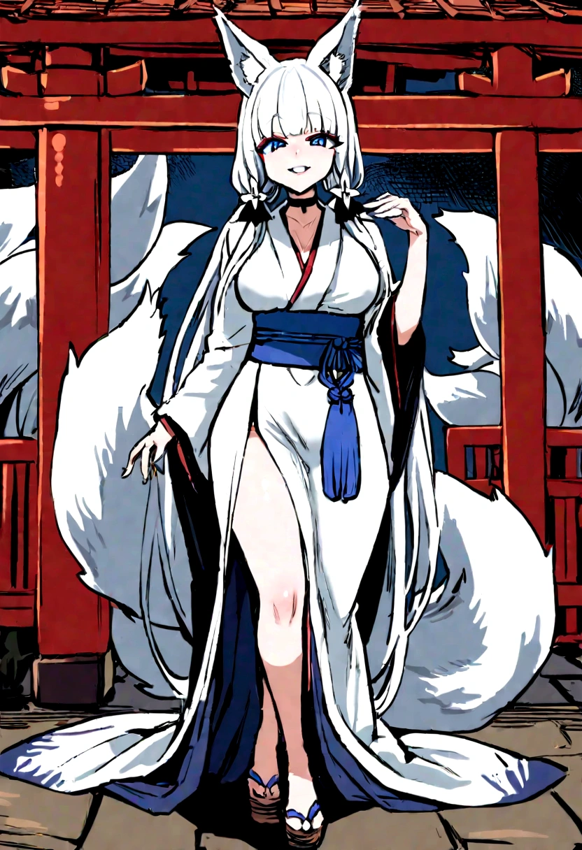 masterpiece, best quality, kitsune 1girl, solo, beautiful kitsune woman, fox ears, bangs, white hair, very long hair, blue eyes, grin, medium breasts, black choker, white kimono, long kimono, long kimono sleeves, blue sash, 5 white fox tails, white hair, looking at viewer, full body in view, shrine background