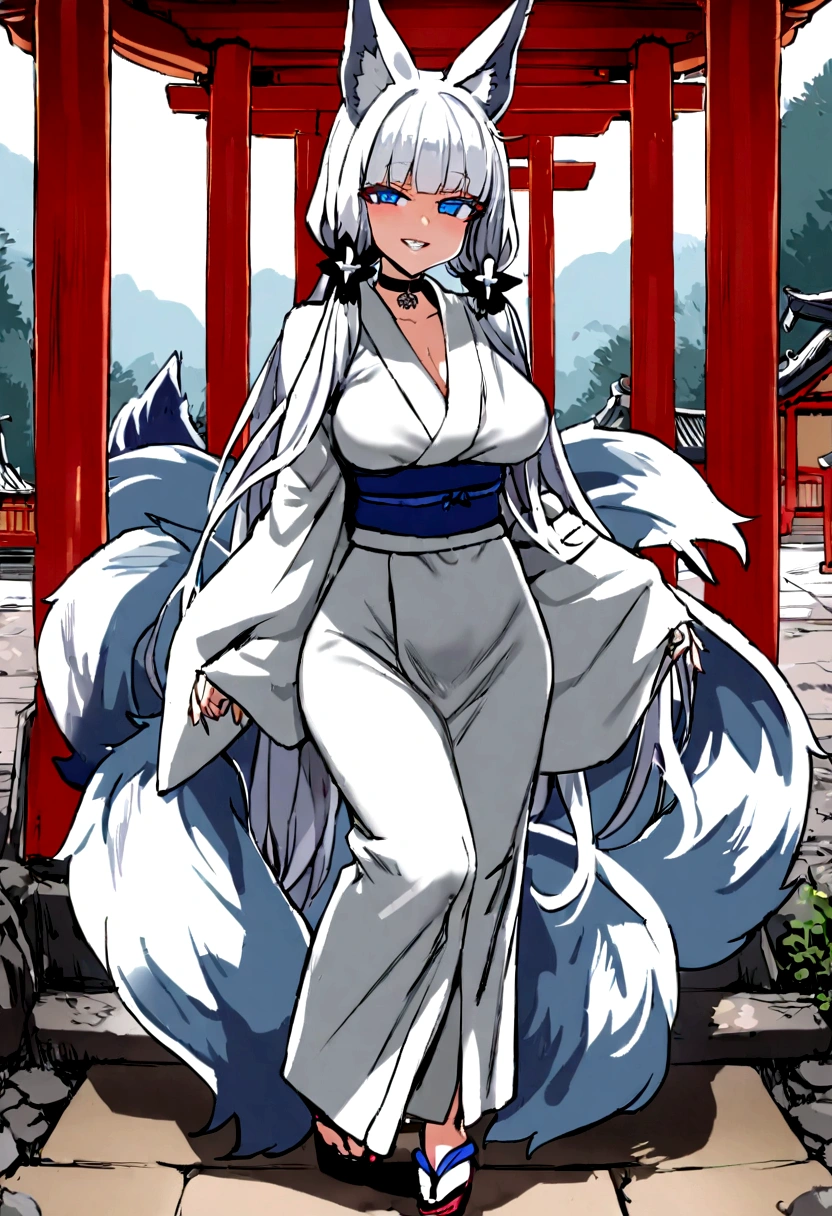 masterpiece, best quality, kitsune 1girl, solo, beautiful kitsune woman, fox ears, bangs, white hair, very long hair, blue eyes, grin, medium breasts, black choker, white kimono, long kimono, long kimono sleeves, blue sash, 5 white fox tails, white hair, looking at viewer, full body in view, shrine background