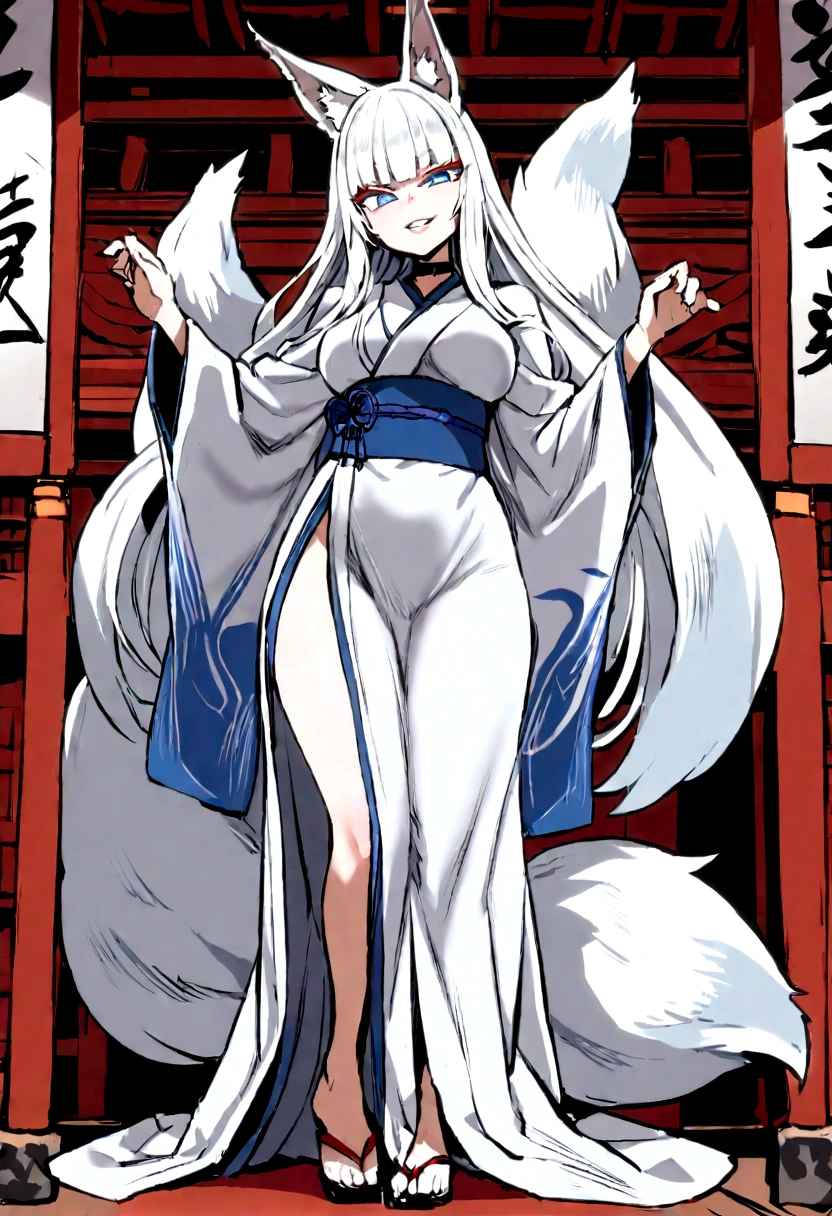 masterpiece, best quality, kitsune 1girl, solo, beautiful kitsune woman, fox ears, bangs, white hair, very long hair, blue eyes, grin, medium breasts, black choker, white kimono, long kimono, long kimono sleeves, blue sash, 5 white fox tails, white hair, looking at viewer, full body in view, shrine background
