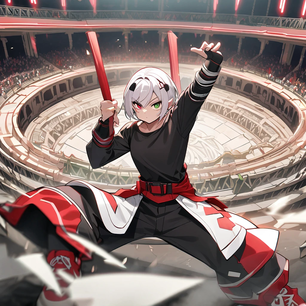 (well done: 1) humanoid white rabbit, dark pink left eye, green right eye, black tank top, bands on the hands up to the forearms, black pants with a red belt on the waist, red sneakers with black details.  in a battle pose in a coliseum.