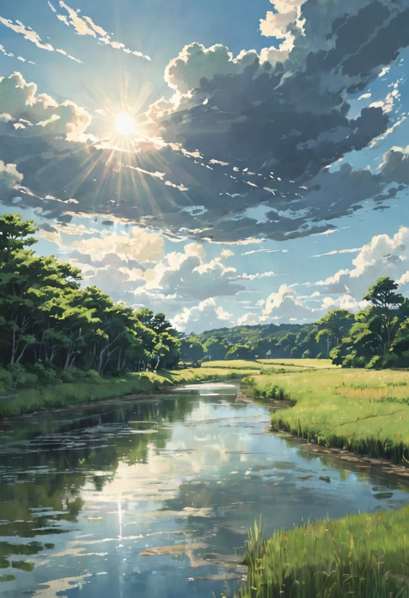 Background painting, summer countryside, grass and trees, waterways, summer sky and incoming clouds, clear contrast between sun and shadow, (Makoto Shinkai style), semi-realistic, 8KHDR
