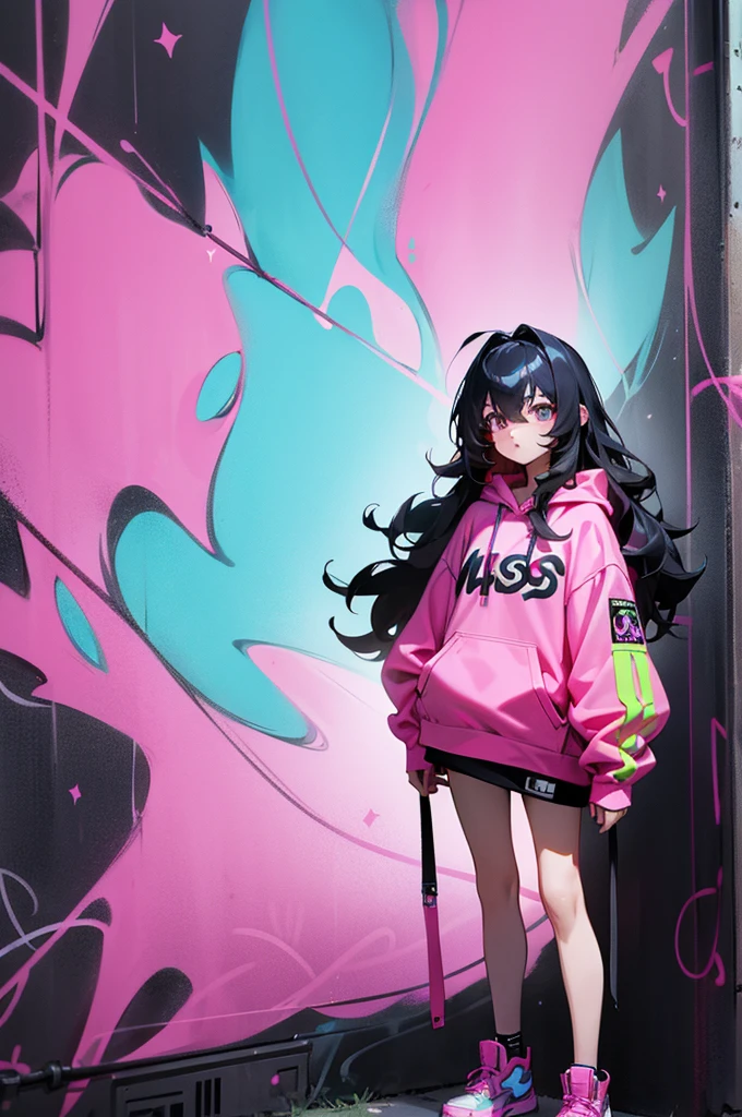A unique e-girl with a neon pink hoodie, her hair styled in black long, wavy hair, standing in front of a graffiti-covered wall. cosmic theme.