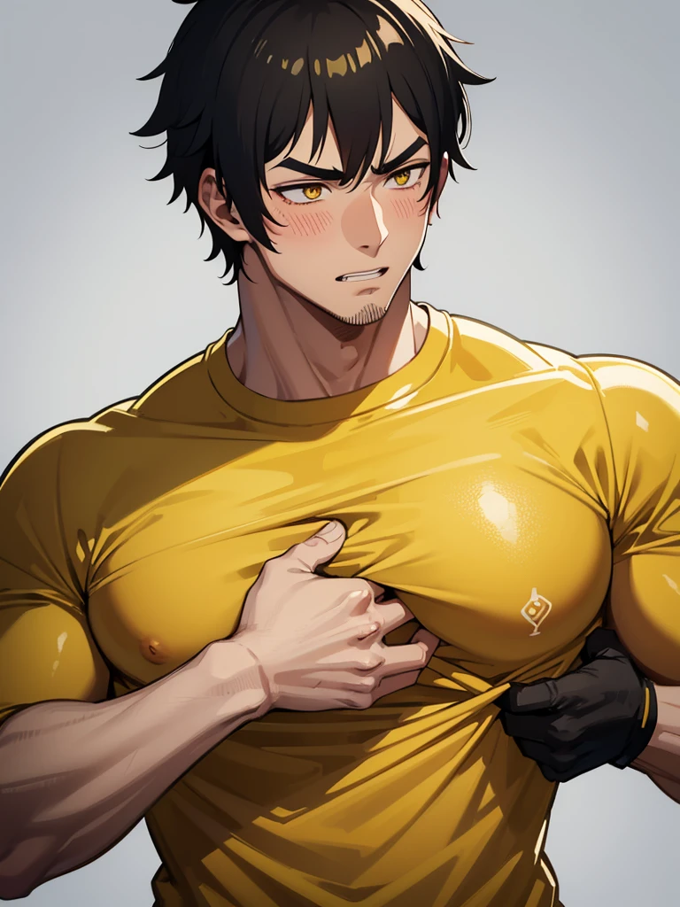 anime characters:Gyee, Priapuuscle Sports Student, 1 muscular tough guy, Manliness, male focus, Light yellow high collar long sleeve tight T-shirt, Very tight, The clothes were soaked with sweat, The pectoral muscles are oversized, his pecs are getting groped, Slightly transparent, muscular male, muscular, only, Upper body, alone, Black short hair, Thick eyebrows, stubble, Yellow eyes, Grey background, simple background, amazing quality, best aesthetics, Ridiculous, bright pupils, crew cut, parted lips, shy, blush, moaning, saliva trail, drop shadow, best quality