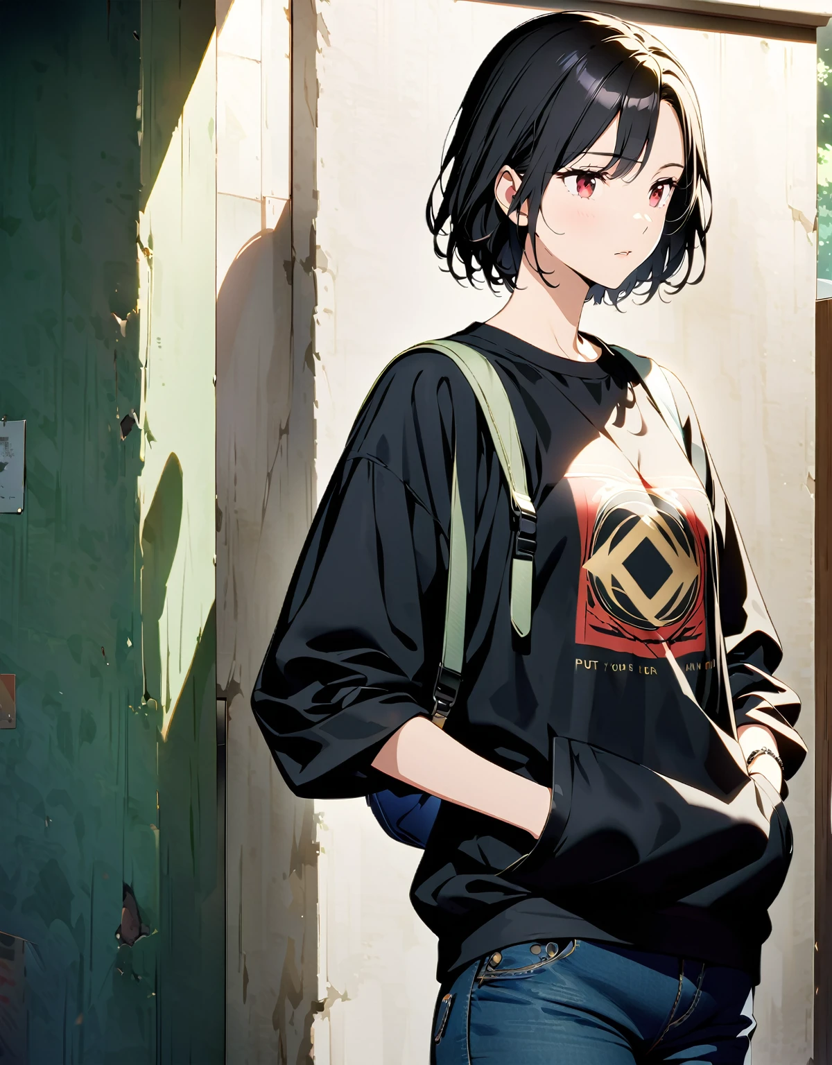 Very delicate and beautiful,非常にdetailed,CG,Unity,8k wallpaper,wonderful,detailed,masterpiece,The best quality in the best condition,Official Art,非常にdetailed CG 8k Unbelievably ridiculous resolution,Beautiful and exquisite,High resolution,非常にdetailedな目と顔,(Put your hands in your pockets:1.4), (Shibuya Ward:1.4), (Daytime lighting:1.4), (Long black hair:1.4), Red Eyes, Black T-shirt,Bag on the shoulder